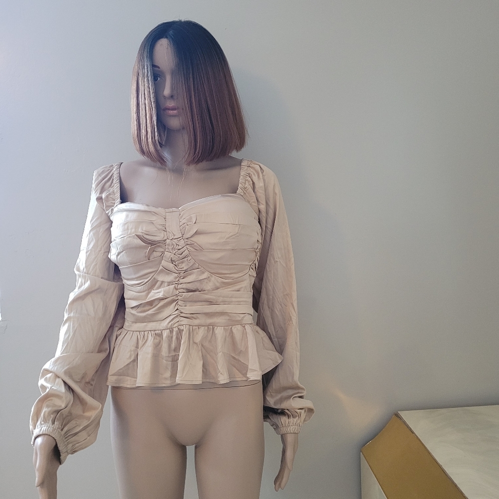 Champagne Pleated Long Sleeve Satin Peplum Top - Picture 5 of 8
